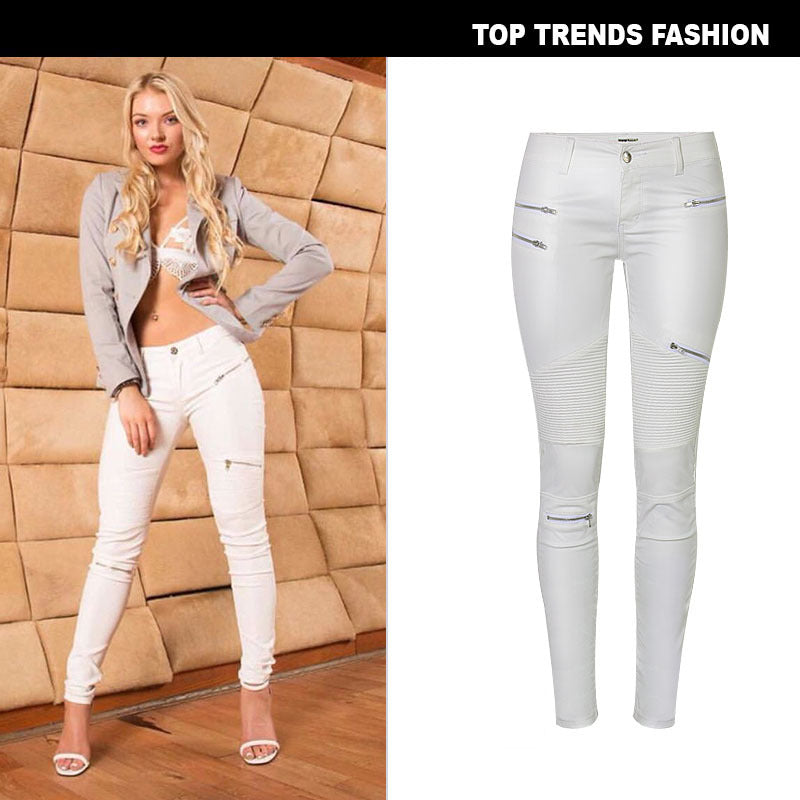 Faux Leather Demin Zipper Tight Fit Jeans