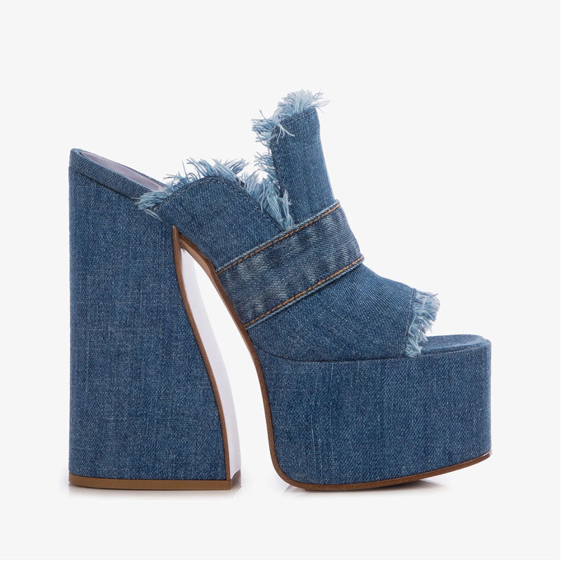Denim Fish Mouth Thick Platform Heels