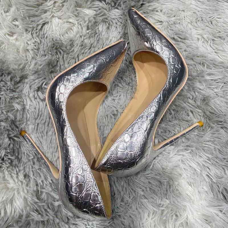 Silver Crocodile-Effect Pointed Toe High Heels