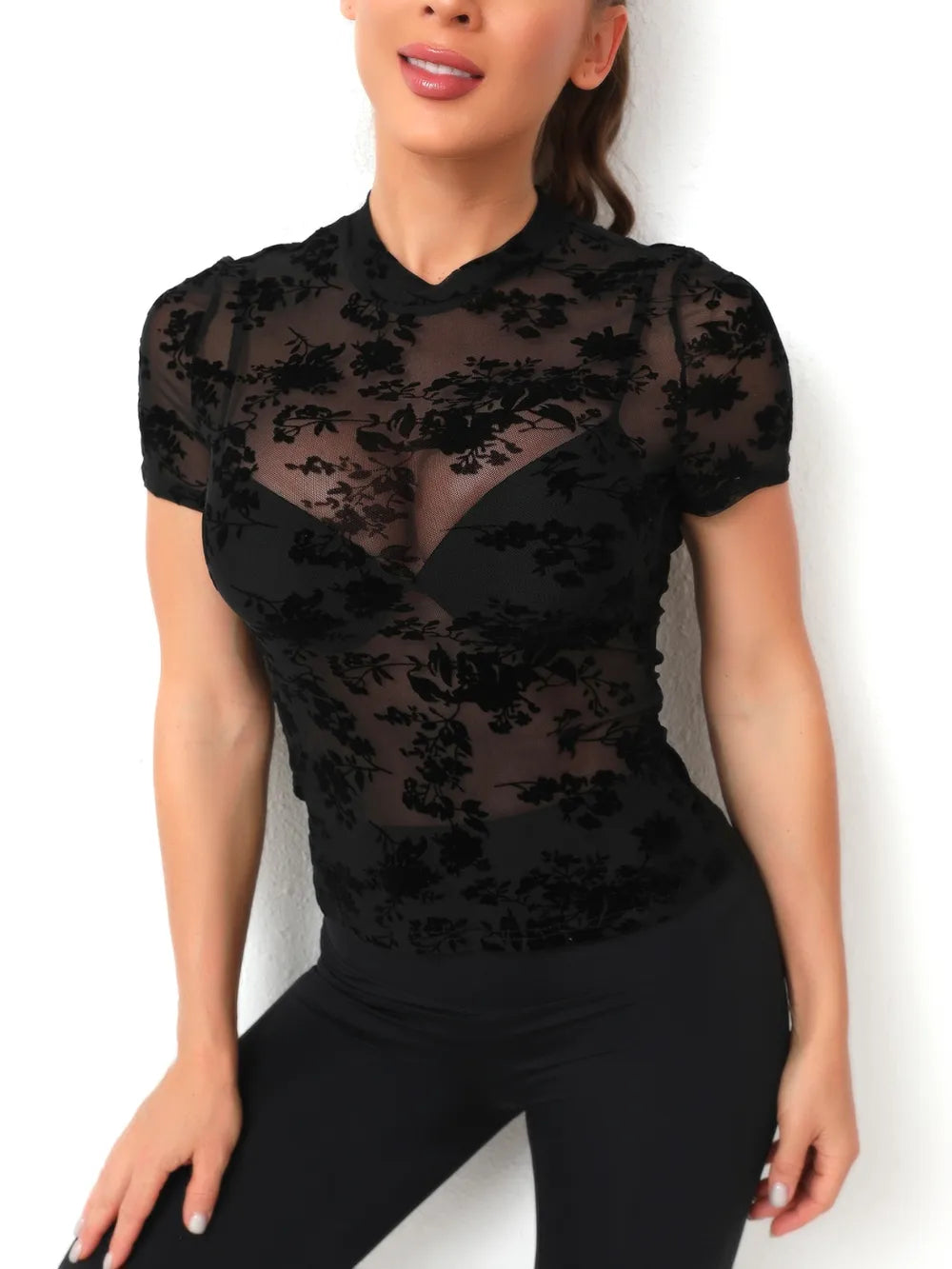 Mock Neck Short Sleeve Lace Blouse