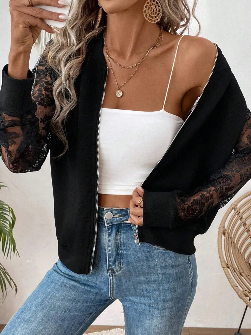 Lace Sleeve Baseball Collar Zip Up Jacket