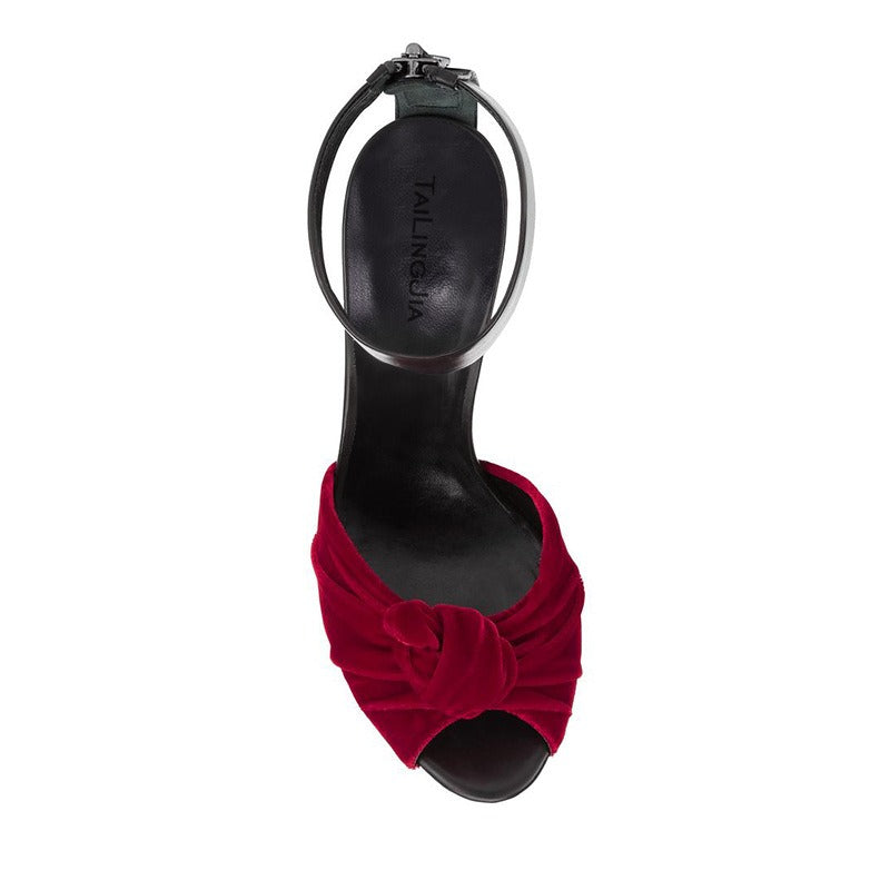 Red & Black Velvet Knotted High Heels