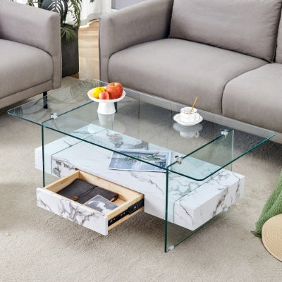 Two-Tier Coffee Table - Clear Tempered Glass And Black Marble Texture
