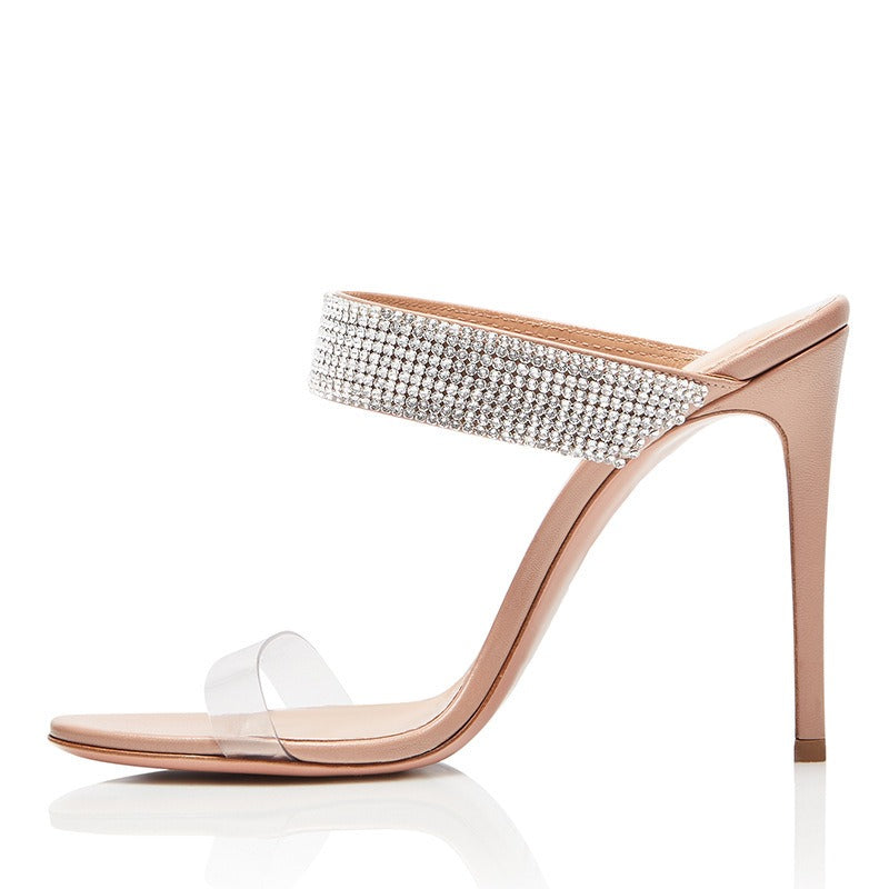 Open Toed Slip On Rhinestone High Heels