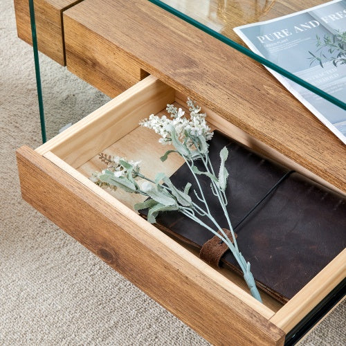 Clear Tempered Glass And Natural Wood Grain Coffee Table with Drawer