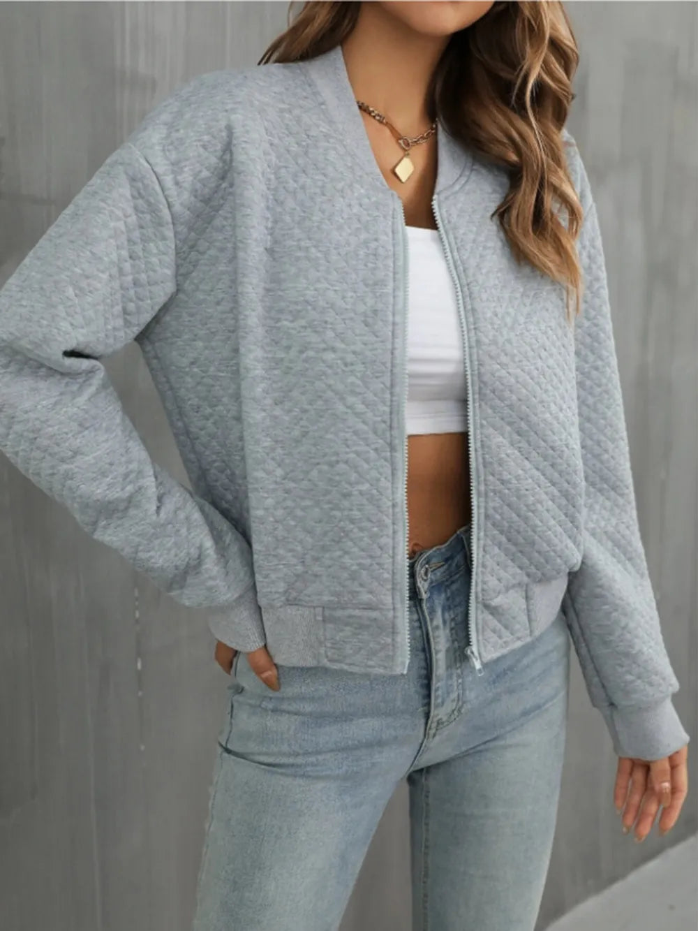 Zip Up Long Sleeve Bomber Jacket