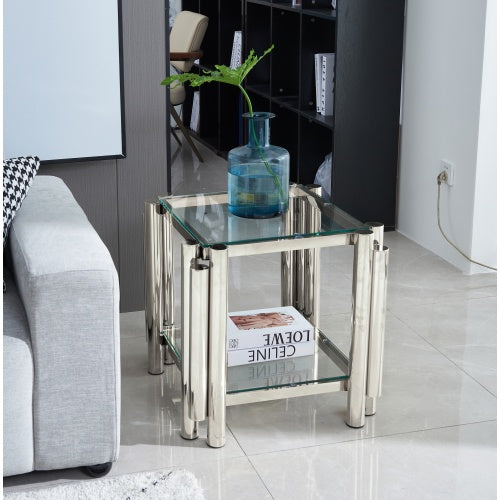 Stainless Steel End Table - Double-Layer Clear Tempered Glass