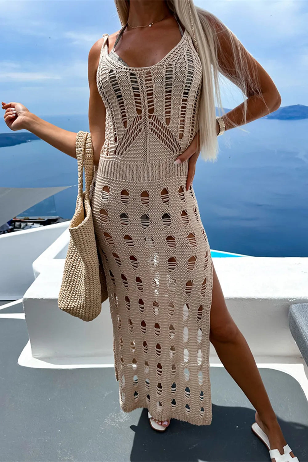 Openwork Slit Scoop Neck Bikini Cover Up