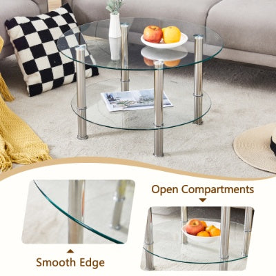 Double Layer Tempered Glass Coffee Table 27.5 Top And 23.6 Bottom with Stainless Steel Silver Plated Legs
