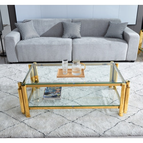 Stainless Steel Coffee Table with Double-Layer Clear Tempered Glass