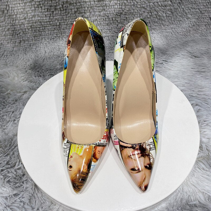 Picture Print Pointy Toe High Heels