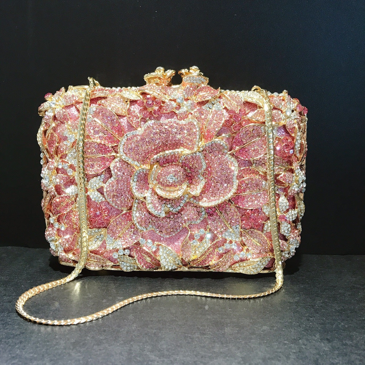 Metal Rose Diamond Chain Clutch