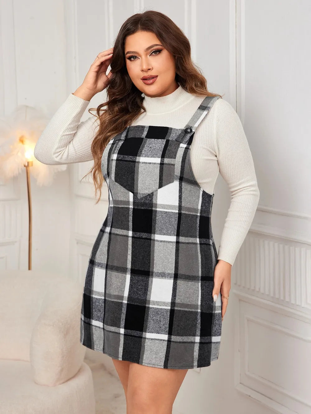 Plaid Wide Strap Overall Dress - Plus Size