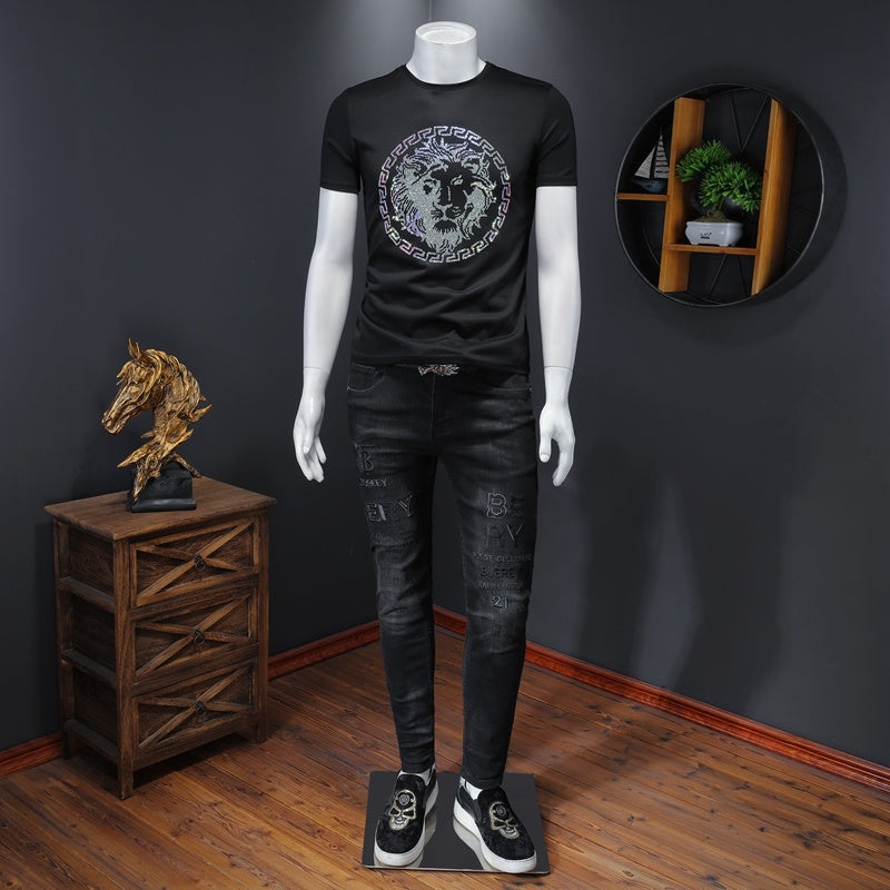 Slim Fit Rhinestone Lion Tee