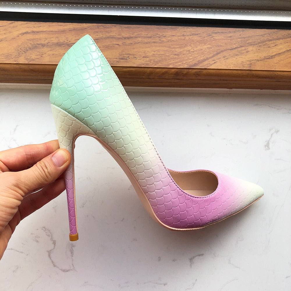 Tikicup Mint Pink Crocodile Effect Pointy Toe High Heels