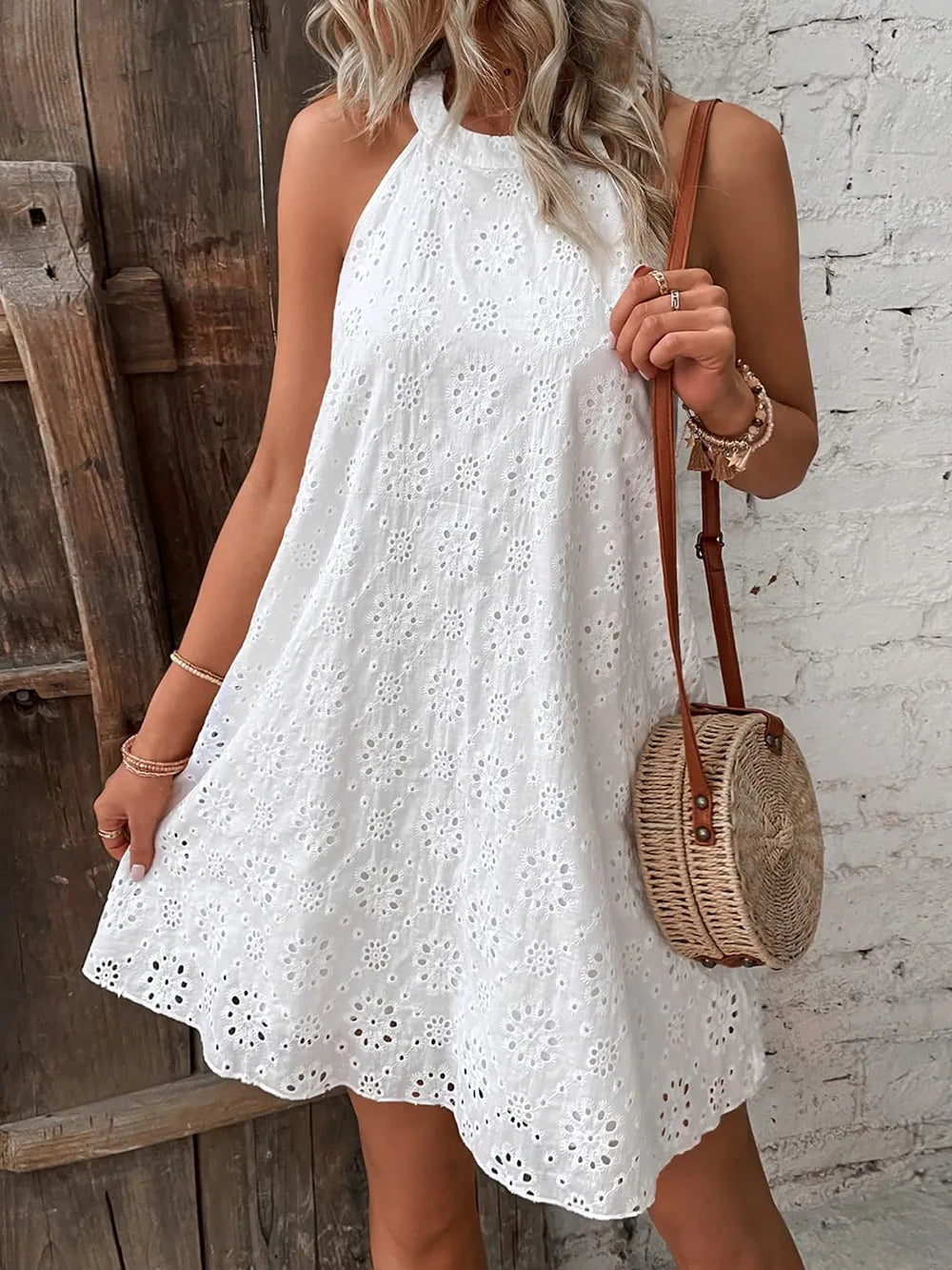 Eyelet Grecian Neck Halter Dress
