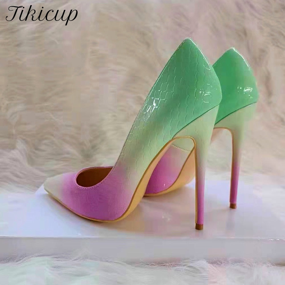 Tikicup Mint Pink Crocodile Effect Pointy Toe High Heels