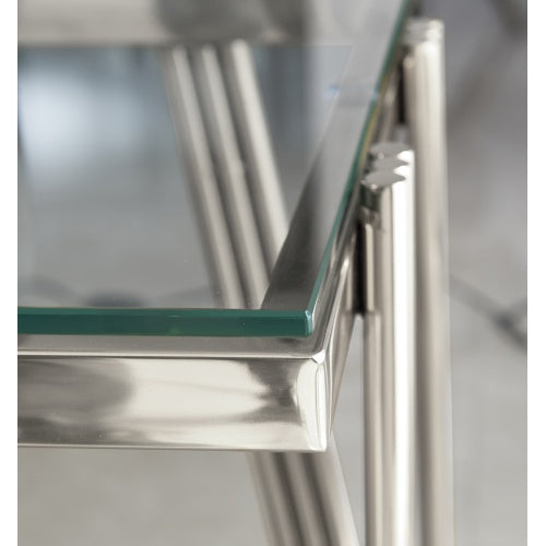 Stainless Steel End Table - Double-Layer Clear Tempered Glass - Silver