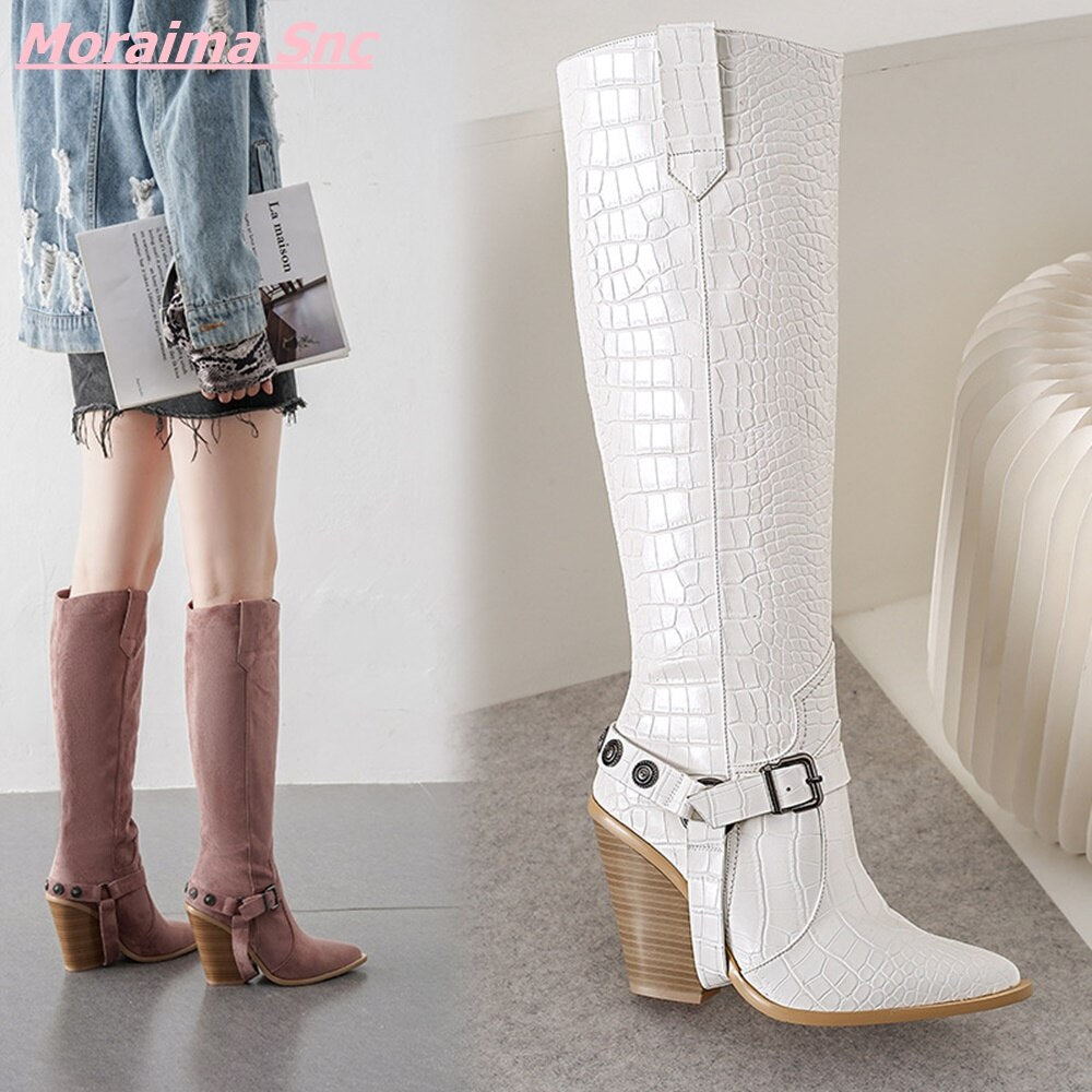 Snakeskin Pattern Knee-High Pointed Toe Wedges