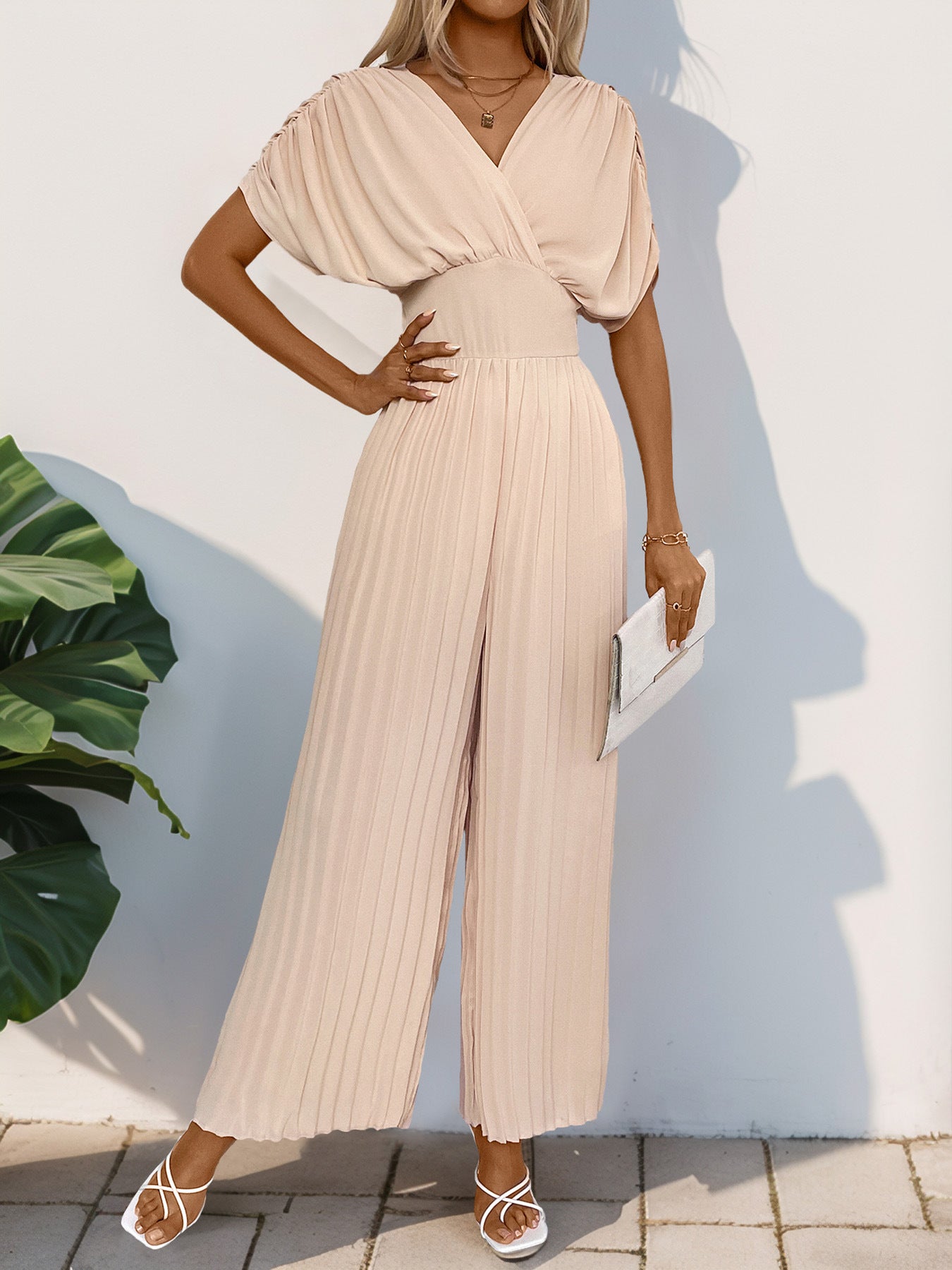 Cross V-neck Pleated Wide Leg Jumpsuit