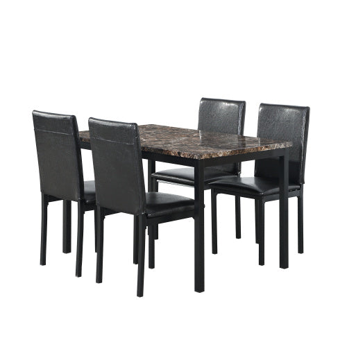 Metal Dining Table And Chair Set With Imitation Marble Top 5-piece Set - Black