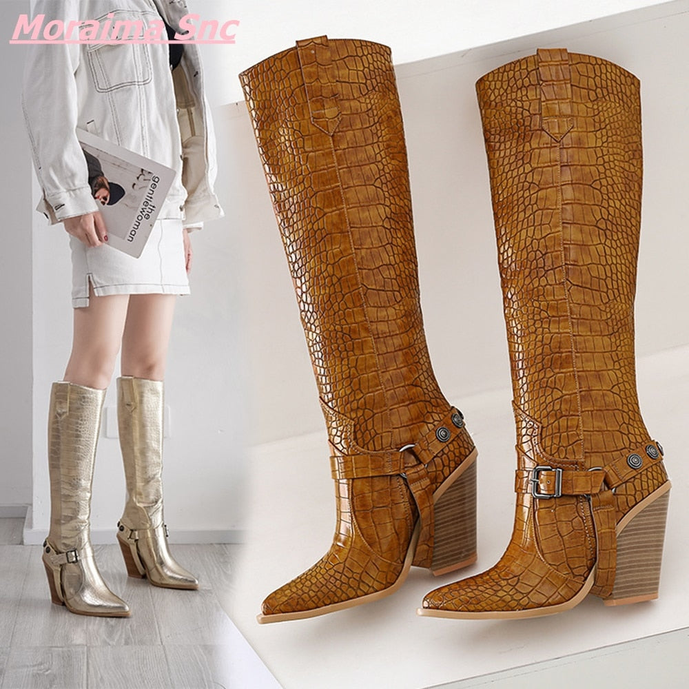 Snakeskin Pattern Knee-High Pointed Toe Wedges