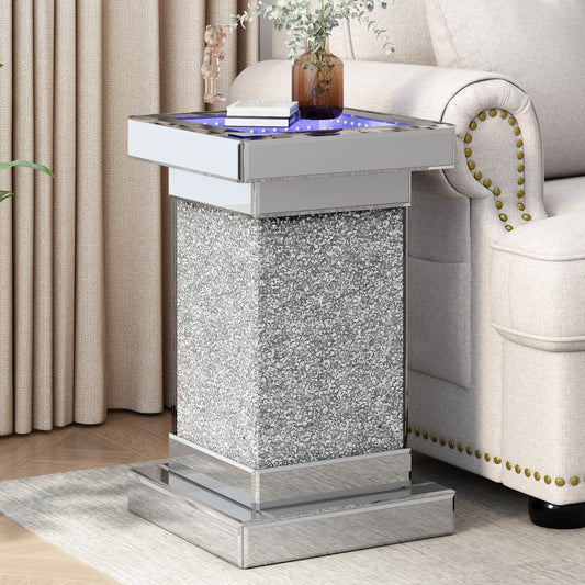 U-Can 11.8-inch Silver Square Mirror End Table with LED lights