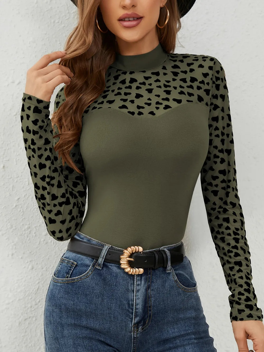 Heart Mock Neck Long Sleeve Blouse