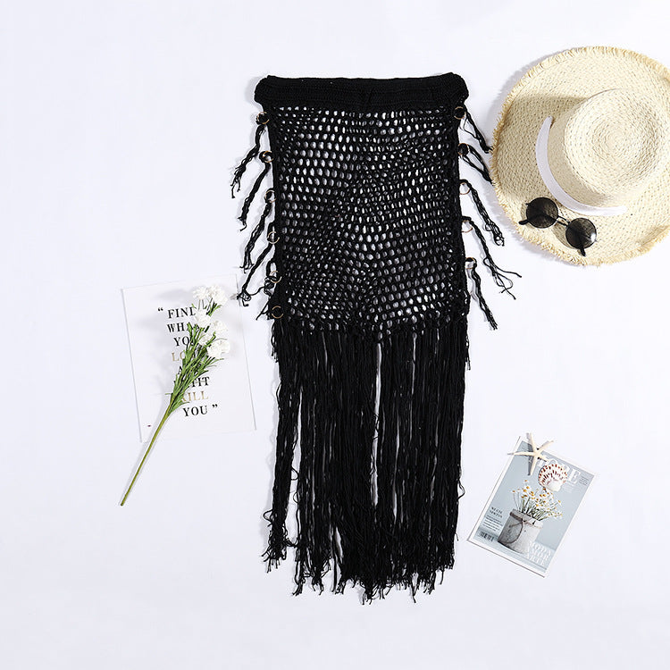 Woven Hip Skirt with Hollowed out Long Tassel Cover Up
