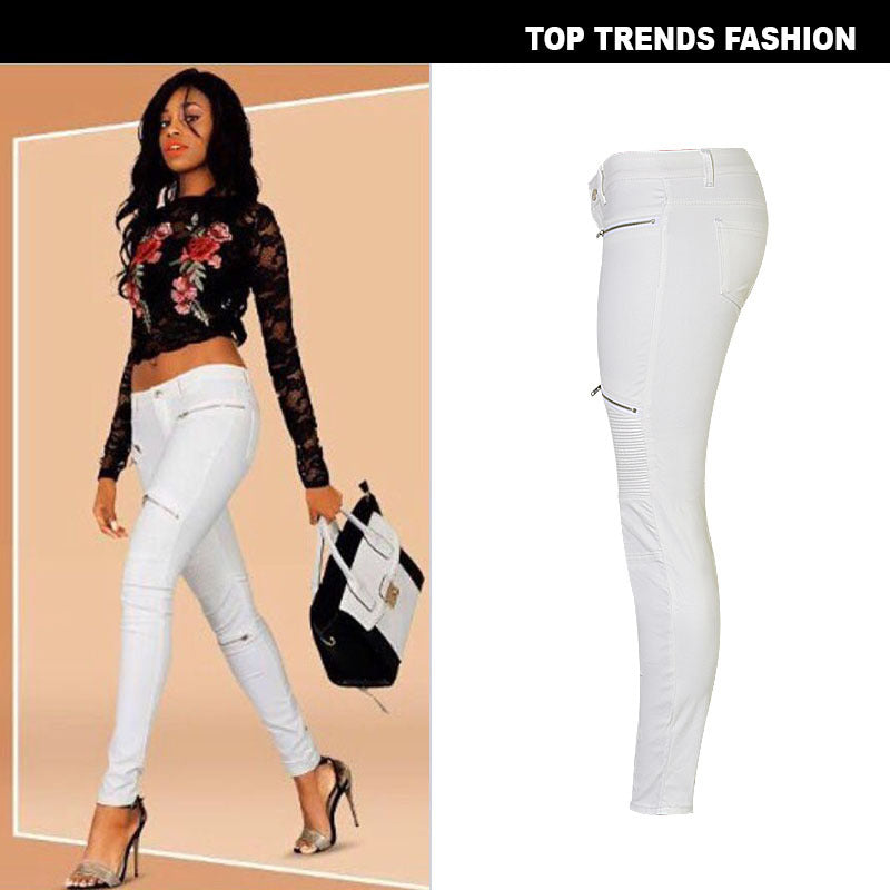 Faux Leather Demin Zipper Tight Fit Jeans