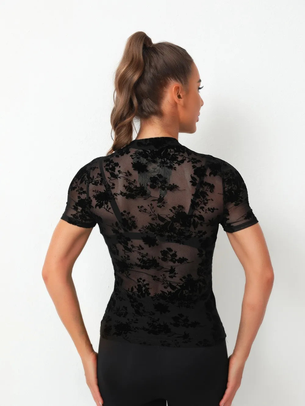Mock Neck Short Sleeve Lace Blouse