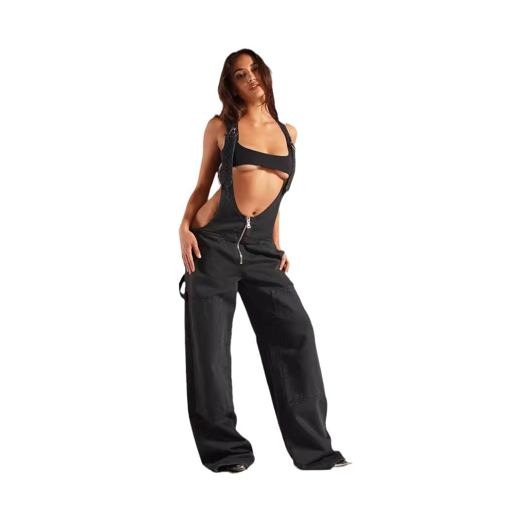 Zipper Front Denim Overalls