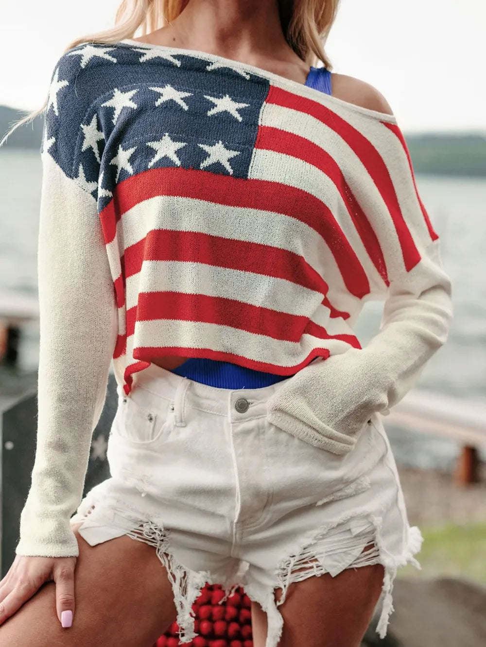 US Flag Boat Neck Long Sleeve Knit Blouse