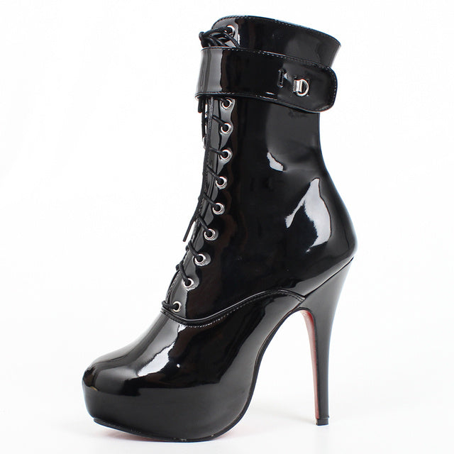 Platform Lace-Up Patent Leather High Heel Short Boots