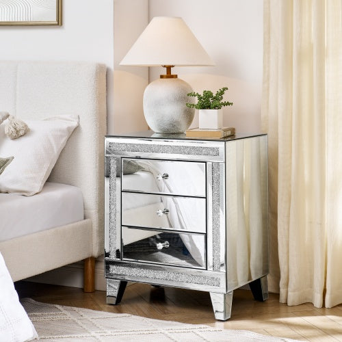 Silver Mirror Three Drawer Side Table