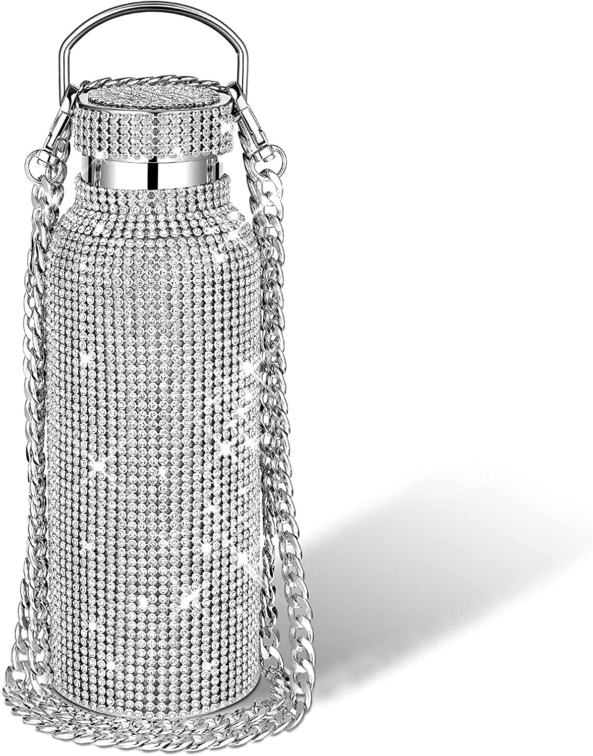 Diamond Water Bottle Bling Rhinestone Stainless Steel Thermal Bottle Refillable Insulated Glitter Water Jug with Chain for Women Girls Gifts(500 Ml,Silver)