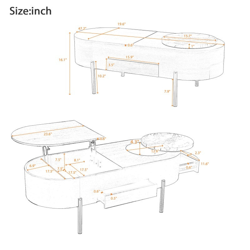 47.2-inch Lift Coffee Table With 360 Degree Marble Patterned Rotating Tray with Modern Oval Lift Tabletop