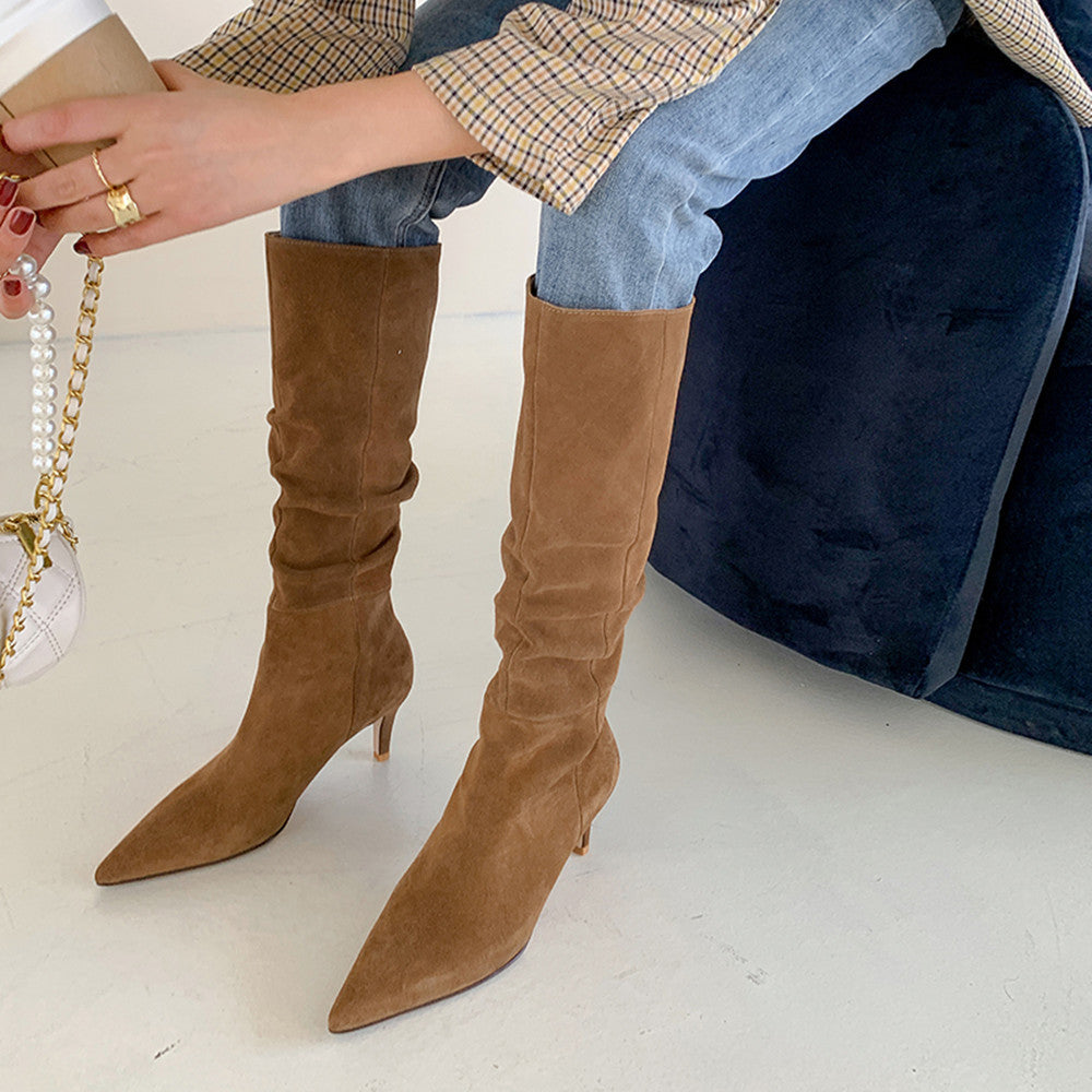 French Suede Brown Stiletto Boots