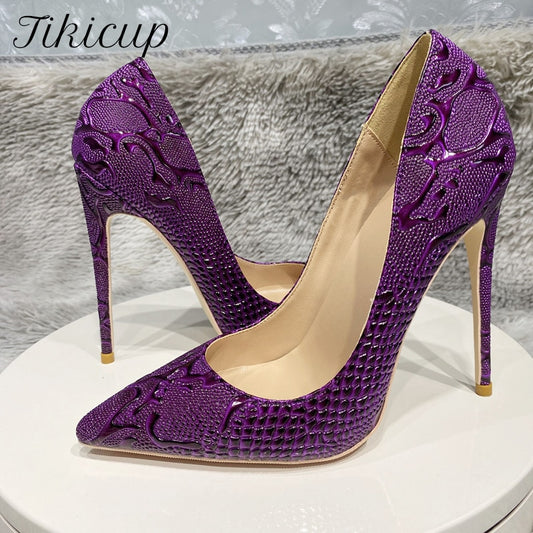 Tikicup Purple Embossed Crocodile Pointy Toe High Heels
