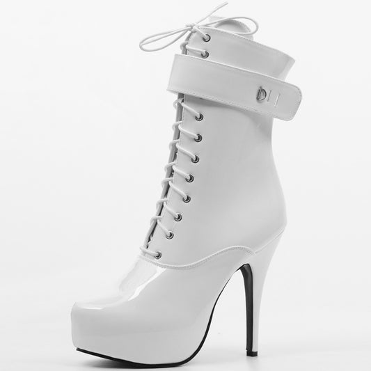Platform Lace-Up Patent Leather High Heel Short Boots