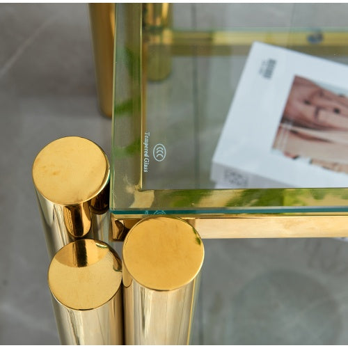 Stainless Steel End Table - Double-Layer Clear Tempered Glass