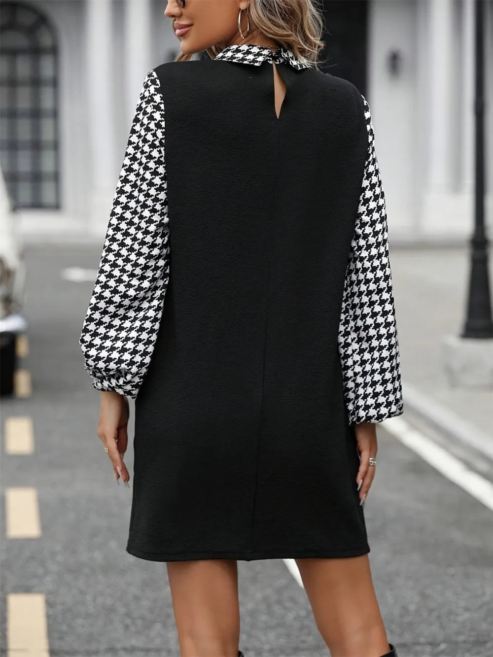 Splicing Collared Long Sleeve Dress