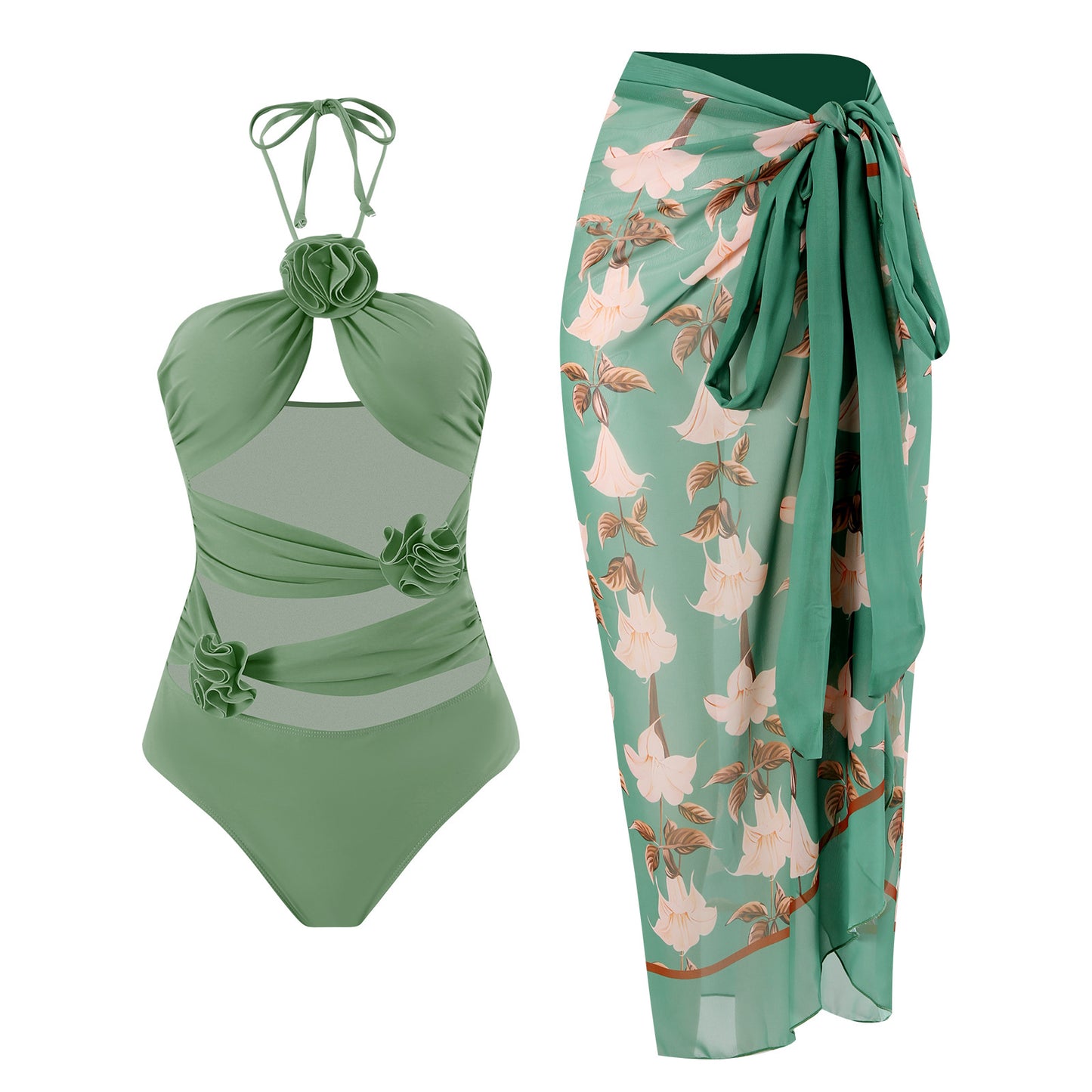 See Thru Conservative Belly Cover Slim Swimsuit Set