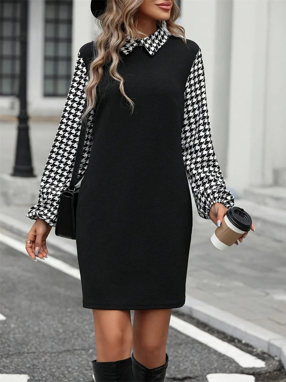 Splicing Collared Long Sleeve Dress