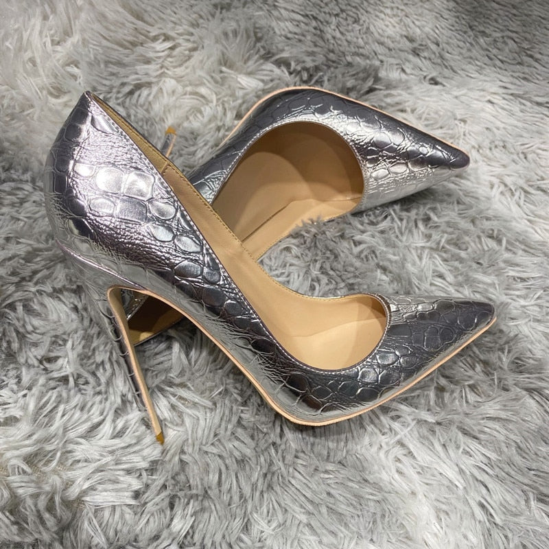 Silver Crocodile-Effect Pointed Toe High Heels
