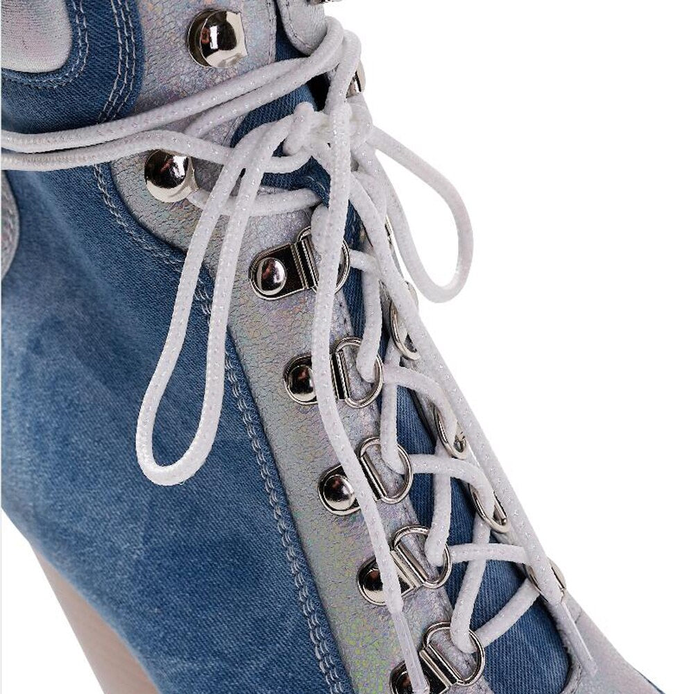 Denim Lace Up Chelsea Pointed Toe Thick High Heels