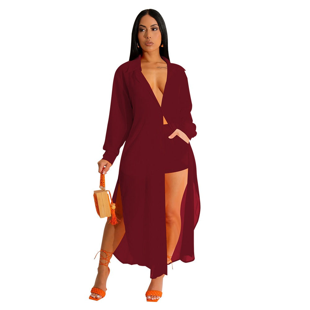 Chiffon Long Shirt Shorts Two Piece Set