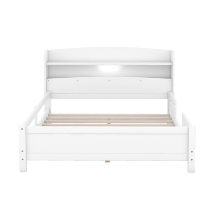 Wood Platform Bed With Built-in LED Light, Storage Headboard and Guardrail - Full Size - White