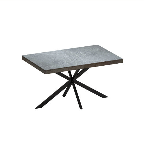 Rectangular Stretch Dining Table - Dark Grey Stone Top and Black Relief Plate - Black Fine Sand Cross Iron Foot Base with Storage Box