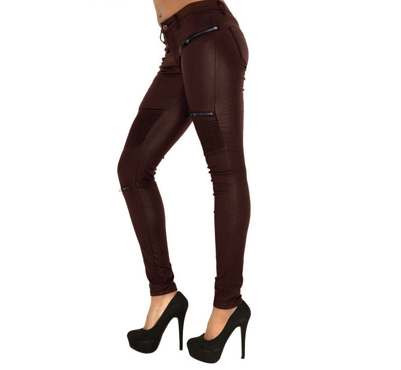 Faux Leather Stitching Multi-Zip Pants - Coffee